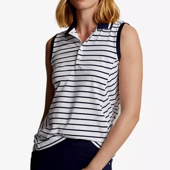 Polo Ralph Lauren RLX Golf Airflow Stripe Sleeveless Polo Shirt Women Small Navy - Picture 1 of 6